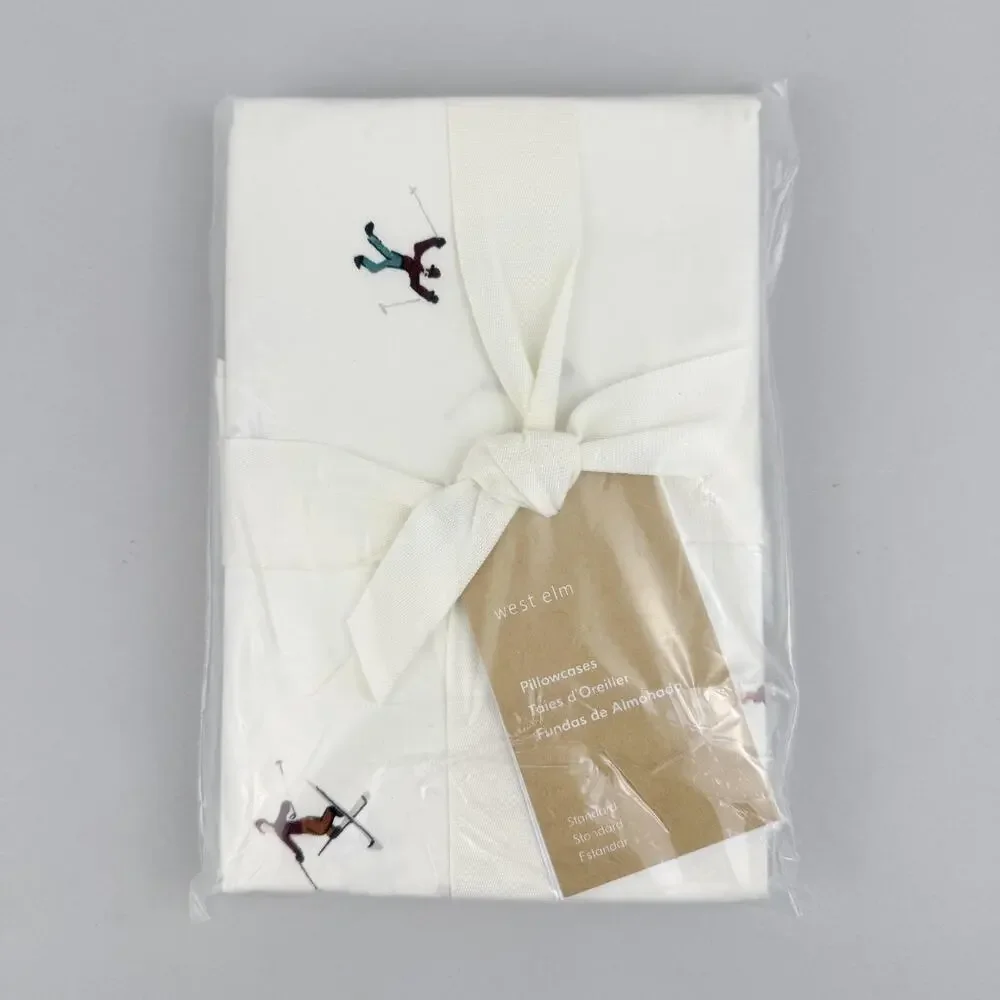West Elm Skiers Pillowcases Set Of 2 Standard Percale Cream Cotton Winter New